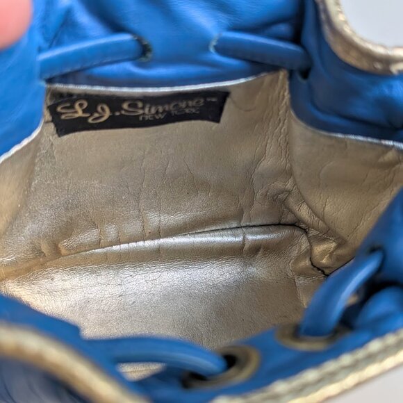 Vtg L.J. Simone New York Blue Leather Mini Drawstring Bucket Bag Crossbody Bag - Picture 8 of 16